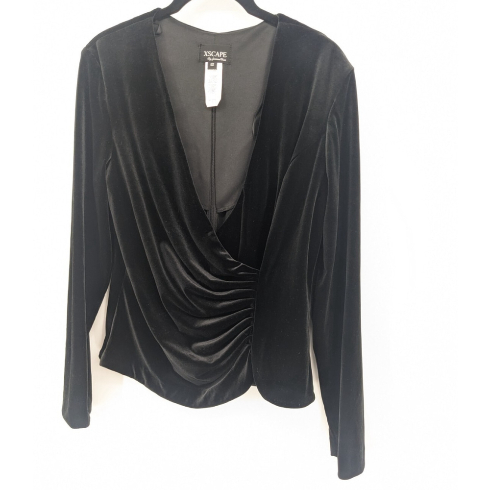 Xscape Vintage Blouse Womens 12 Black Velvet Ruched Faux Wrap Top Whimsigoth‎